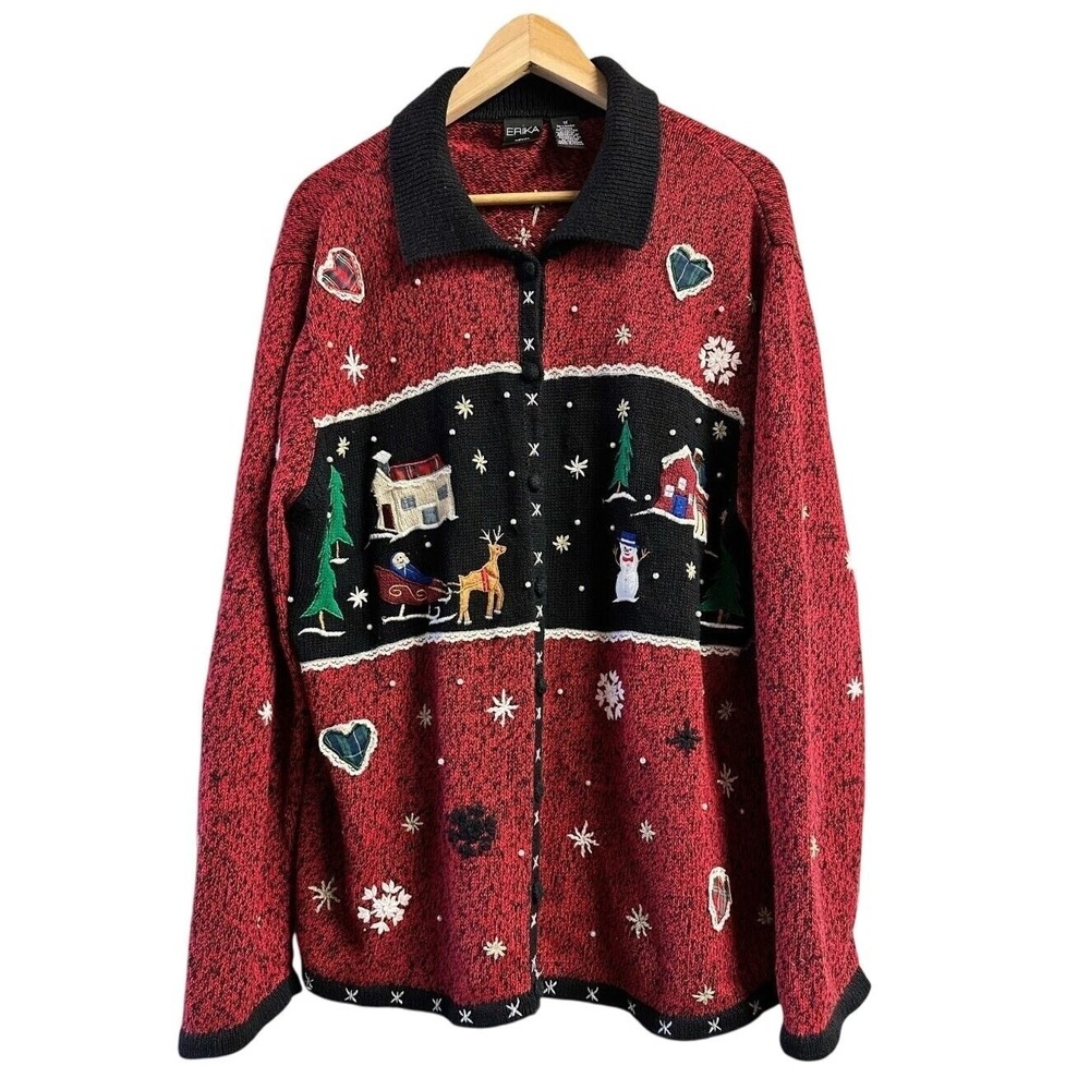 Erika Woman Red Black Christmas Sweater Cardigan Embroidered Snowman Reindeer 1X